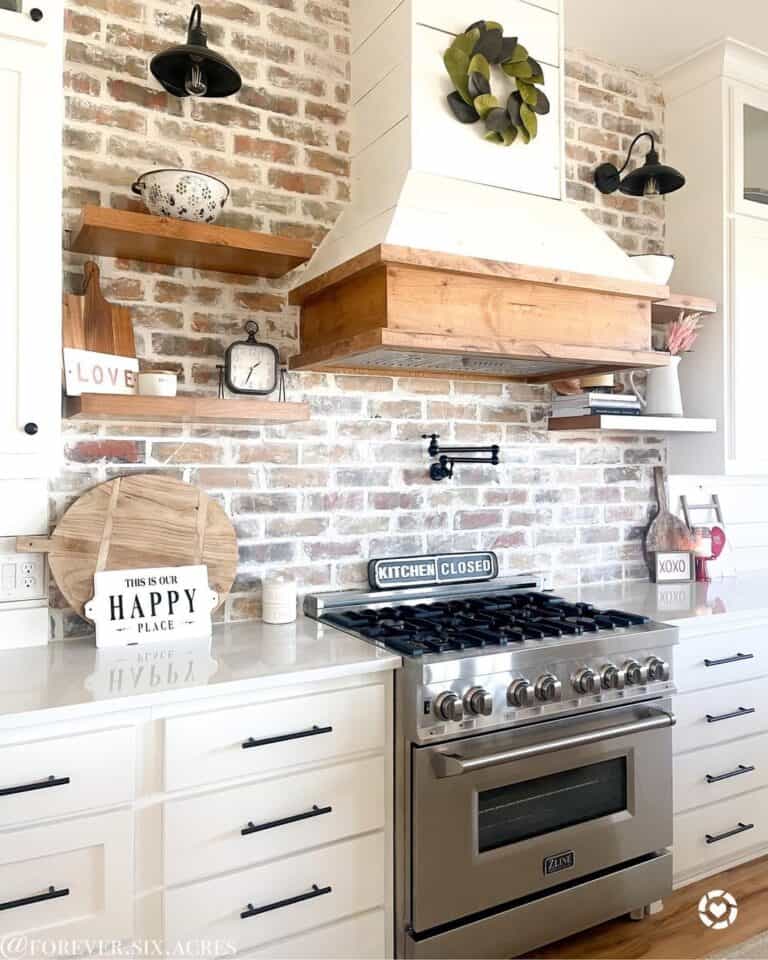 Black Lamps on Red Brick Backsplash - Soul & Lane