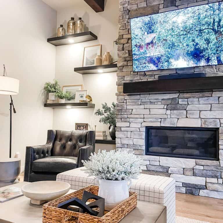 Black Living Room Floating Shelves with Lights