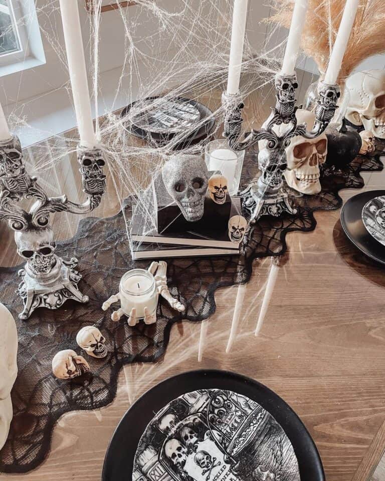 Black Table Runner with White Skull Candelabras