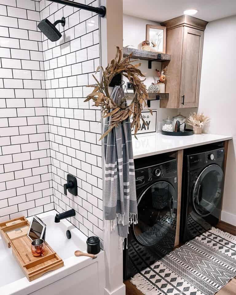 Black Washer and Dryer with Laundry Countertop