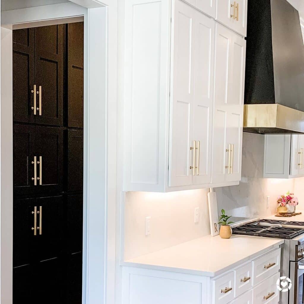 Black and White Cabinets with Long Brass Kitchen Handles