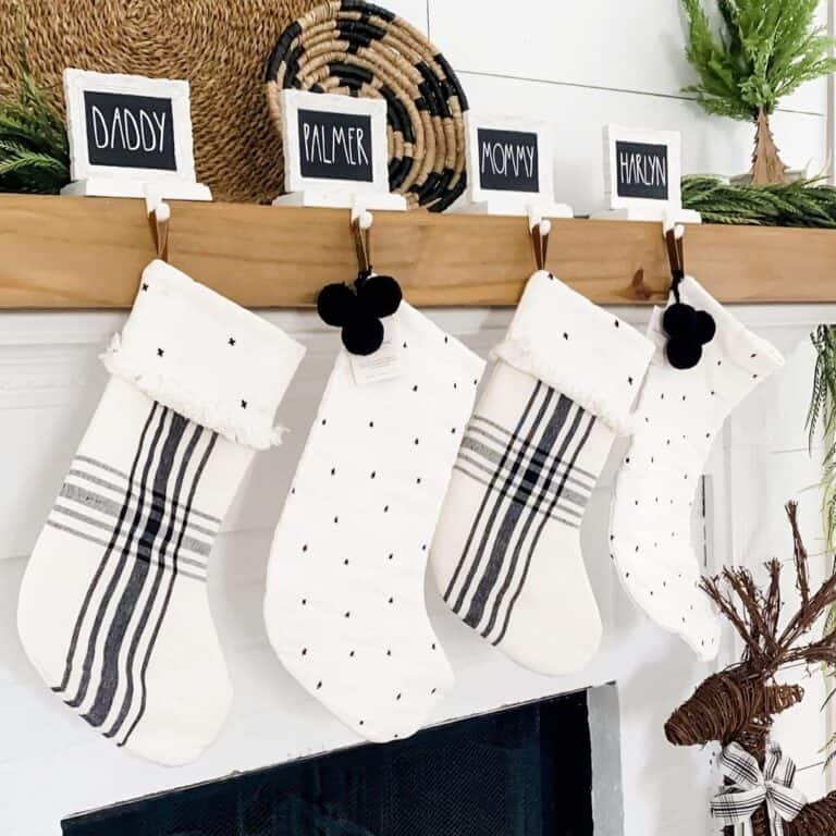 Black and White Christmas Stockings on Mantel