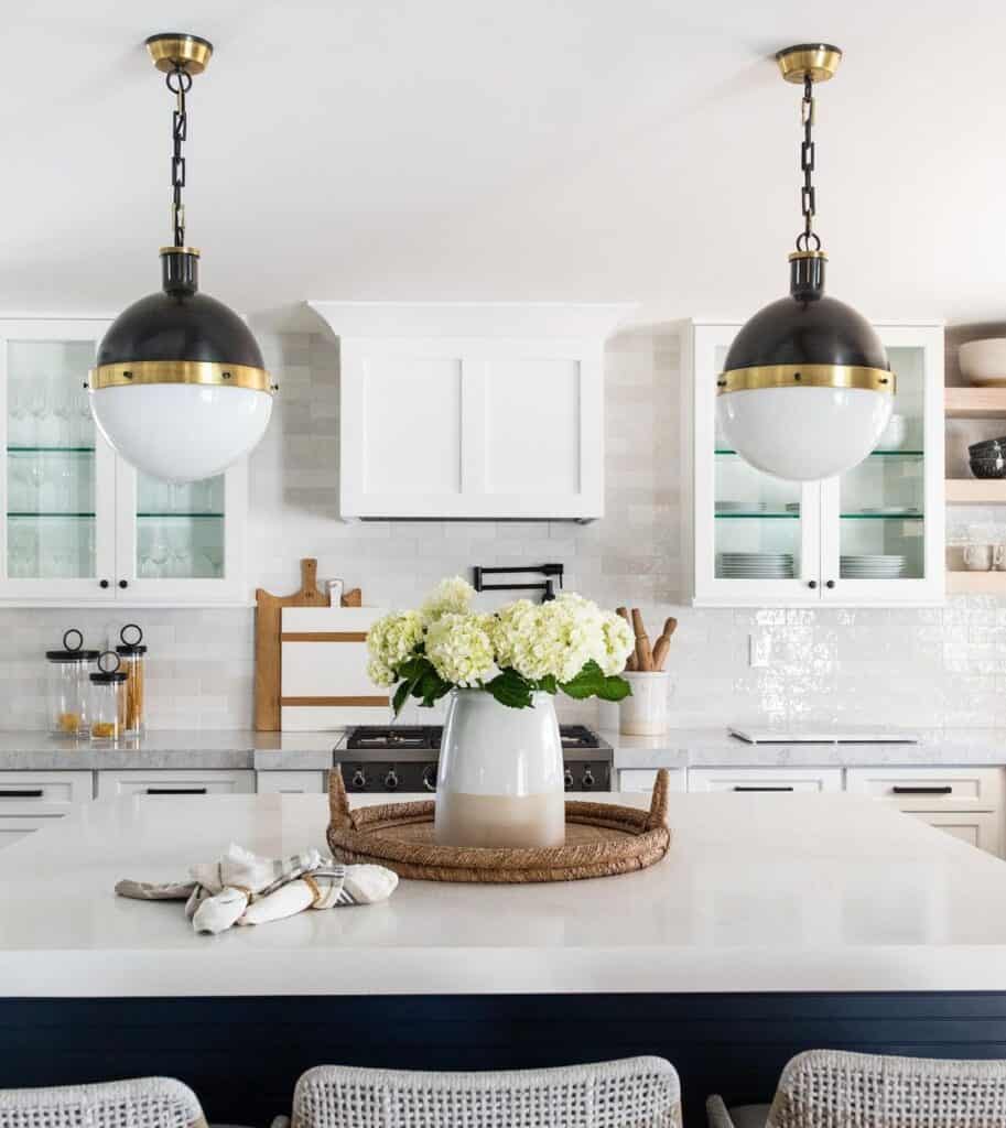 Black and White Pendant Lighting over Island