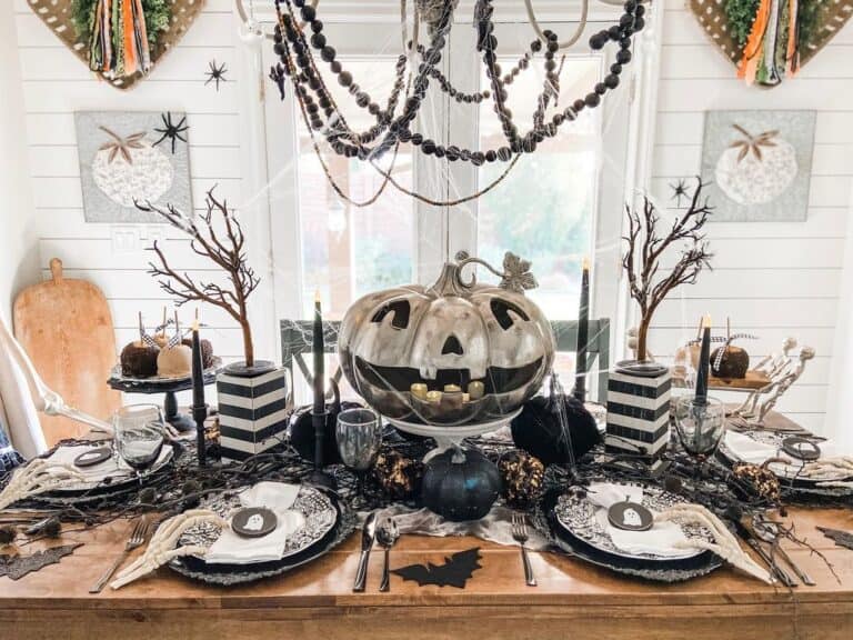 Black and White Tablescape with Halloween Pumpkin Head