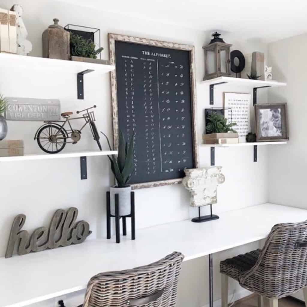 Black and White Workspace with White Shelves