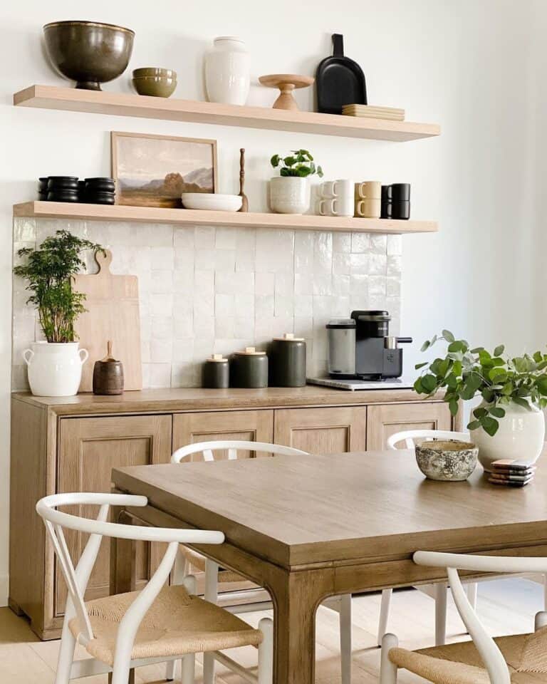 Blond Wood Floating Kitchen Shelves