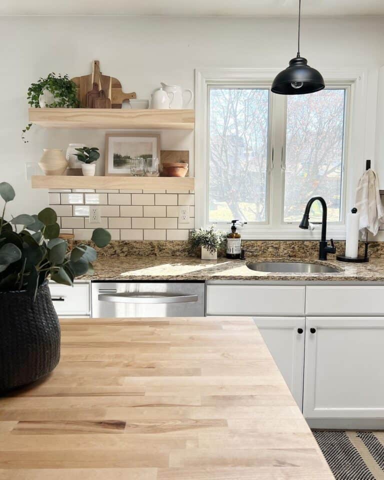 Blond Wood Floating Shelves Kitchen
