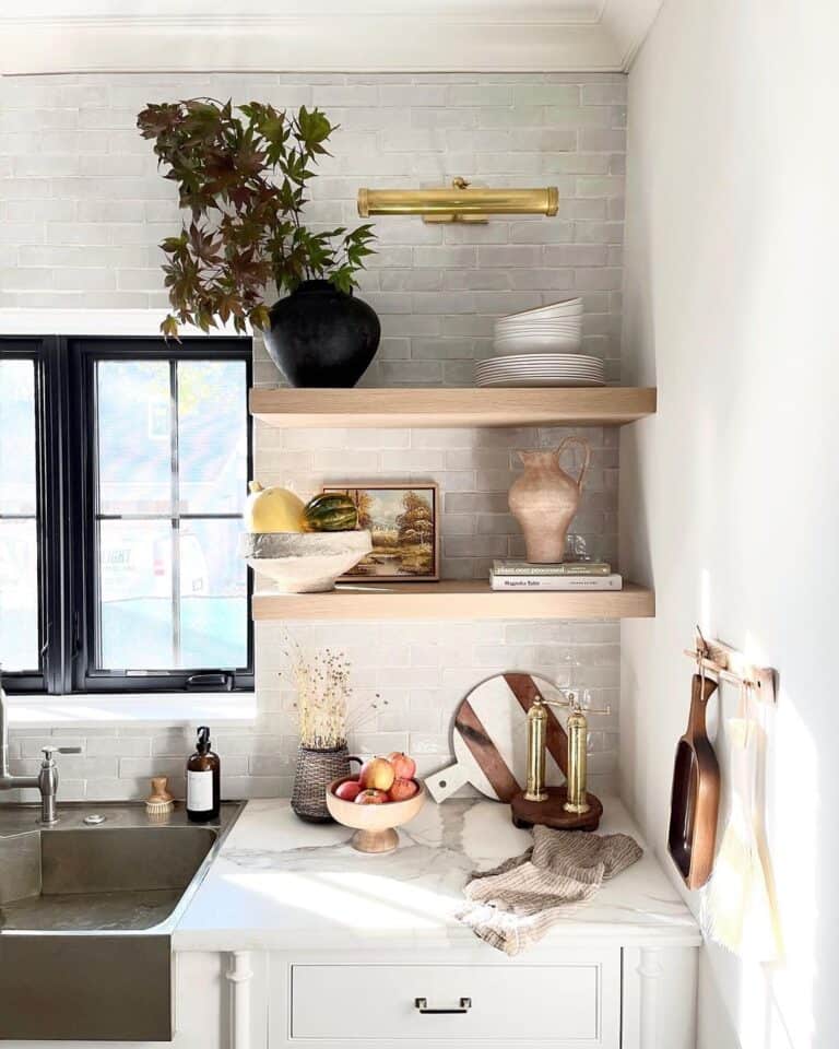 Blond Wood Floating Shelves for Kitchen
