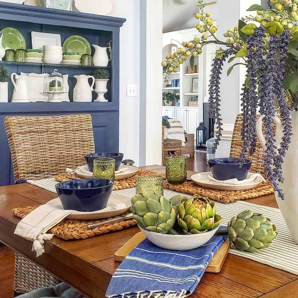 Blue Dining Room Hutch with White and Green China Soul & Lane