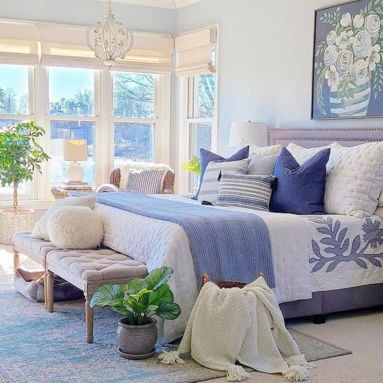 Blue and White Coverlets in Light Blue Bedroom
