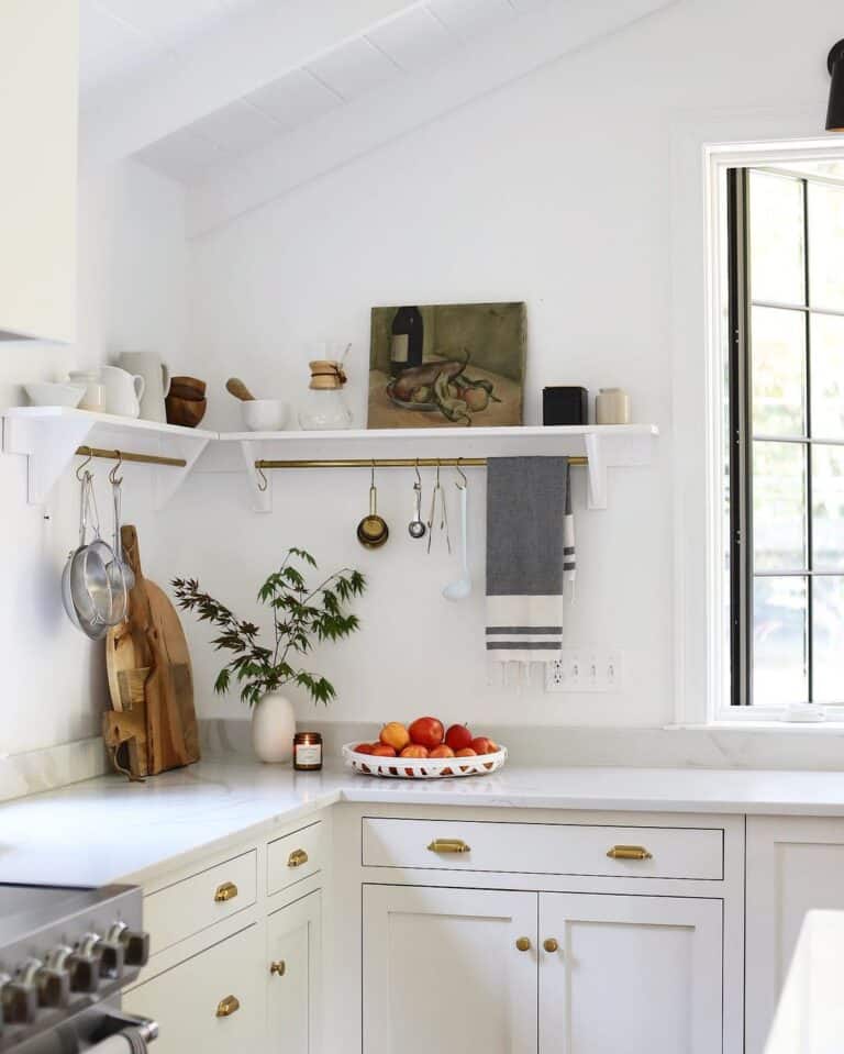 Bronze Bar Underneath White Corner Floating Shelf