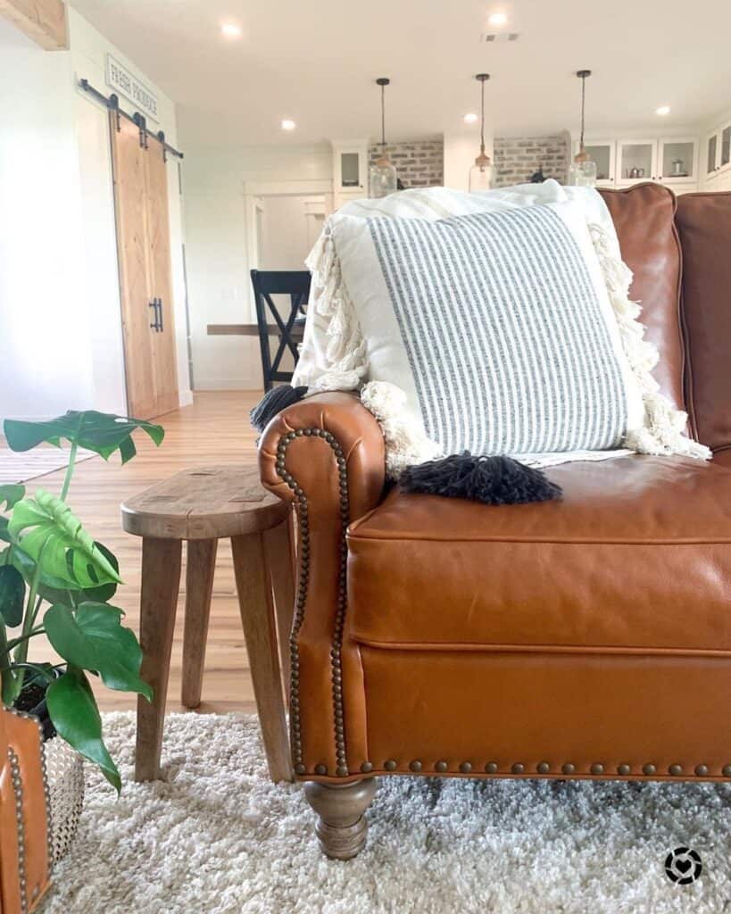 Brown Leather Couch with Blue Striped Pillow