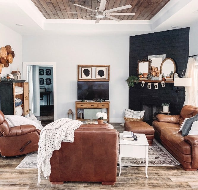 Brown Leather Sofas in Modern Black and White Living Room