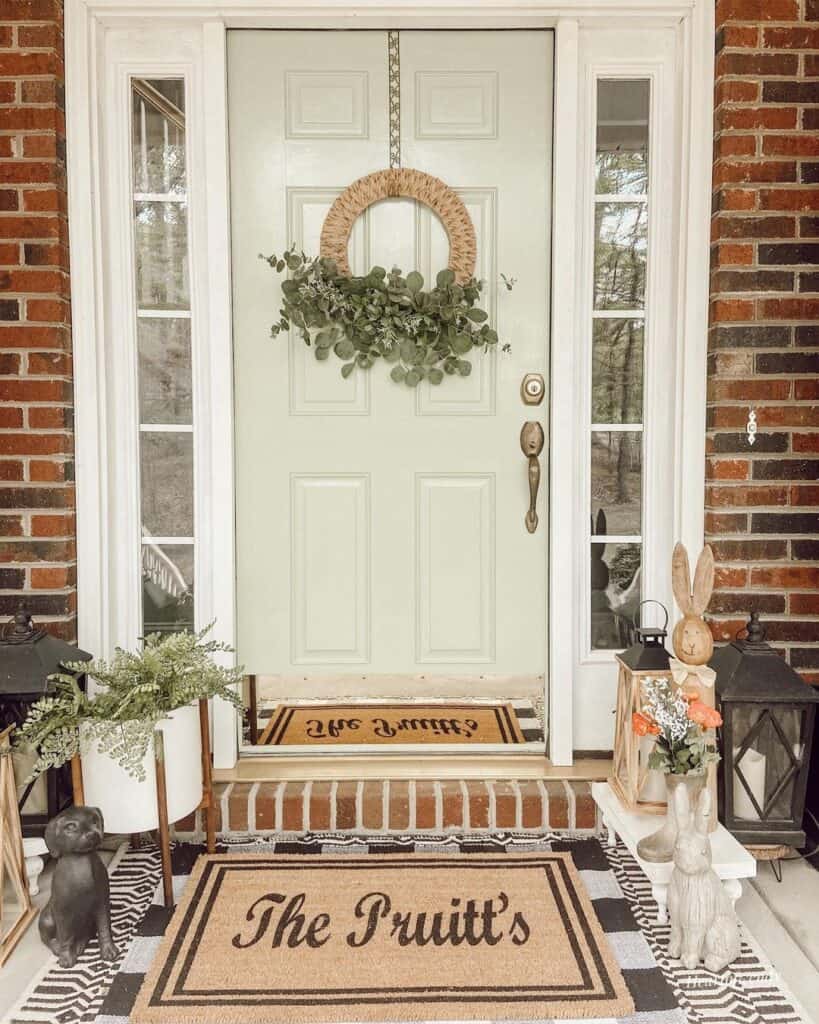 Brown Wreath on a White Front Door with Sidelights