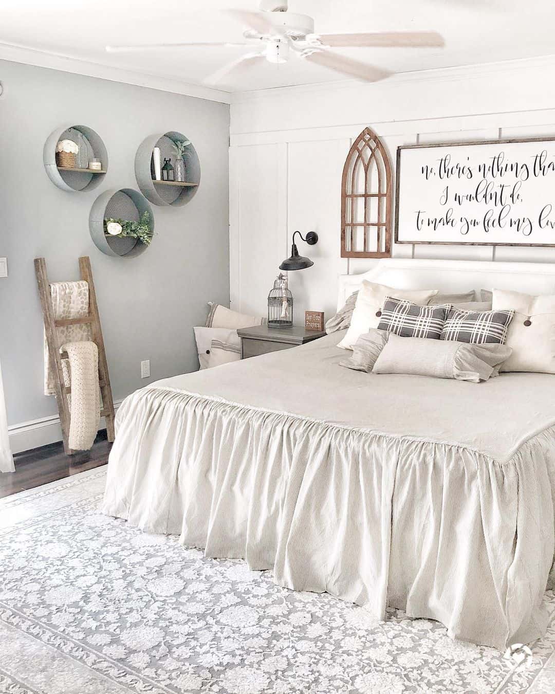 Circular Gray Wall Shelves in Farmhouse Bedroom Soul & Lane
