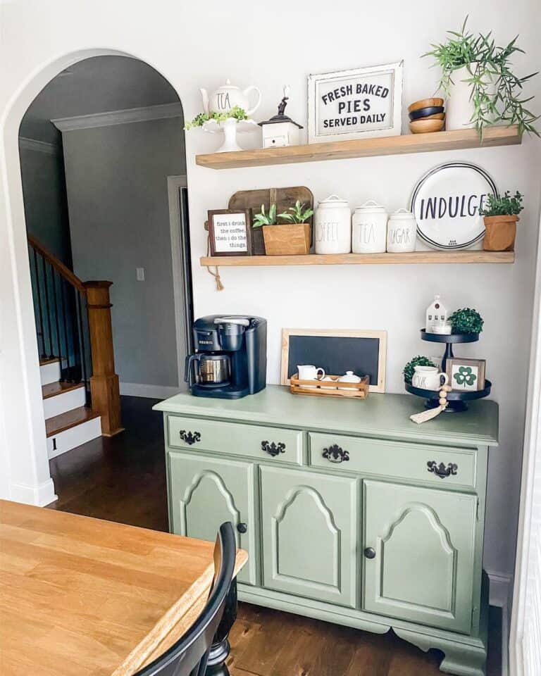 Coffee Bar with Blond Wood Floating Shelves