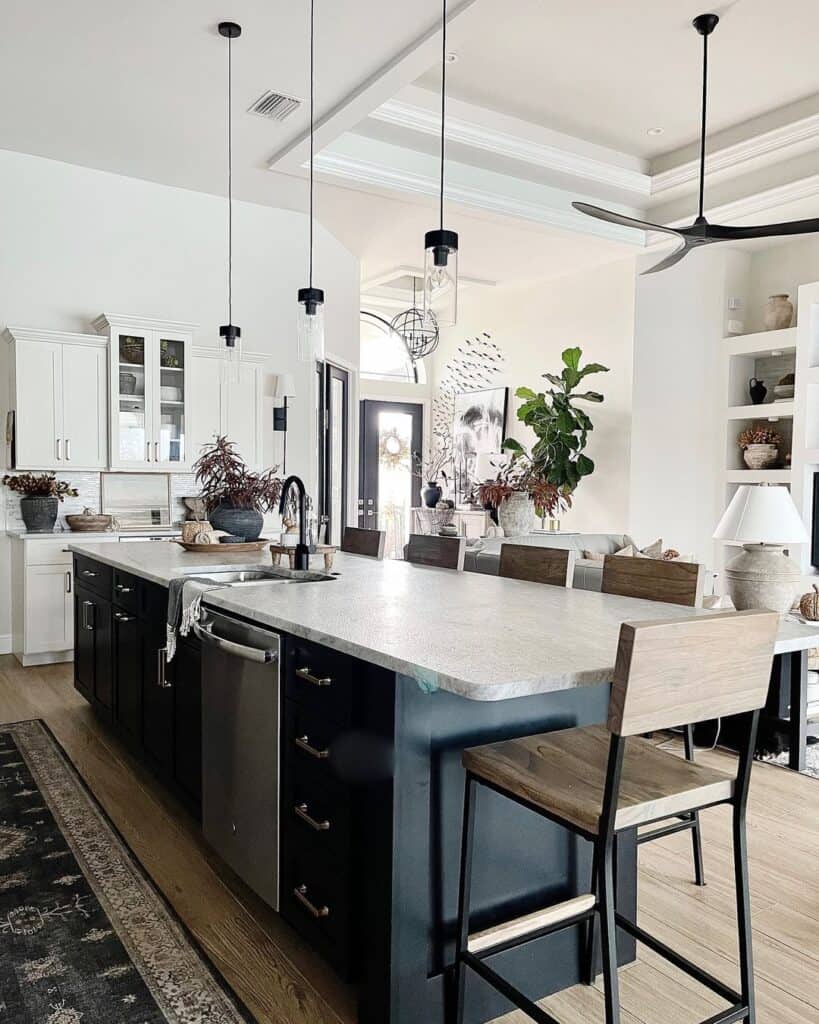 Contrast Filled Kitchen With Glass Lighting