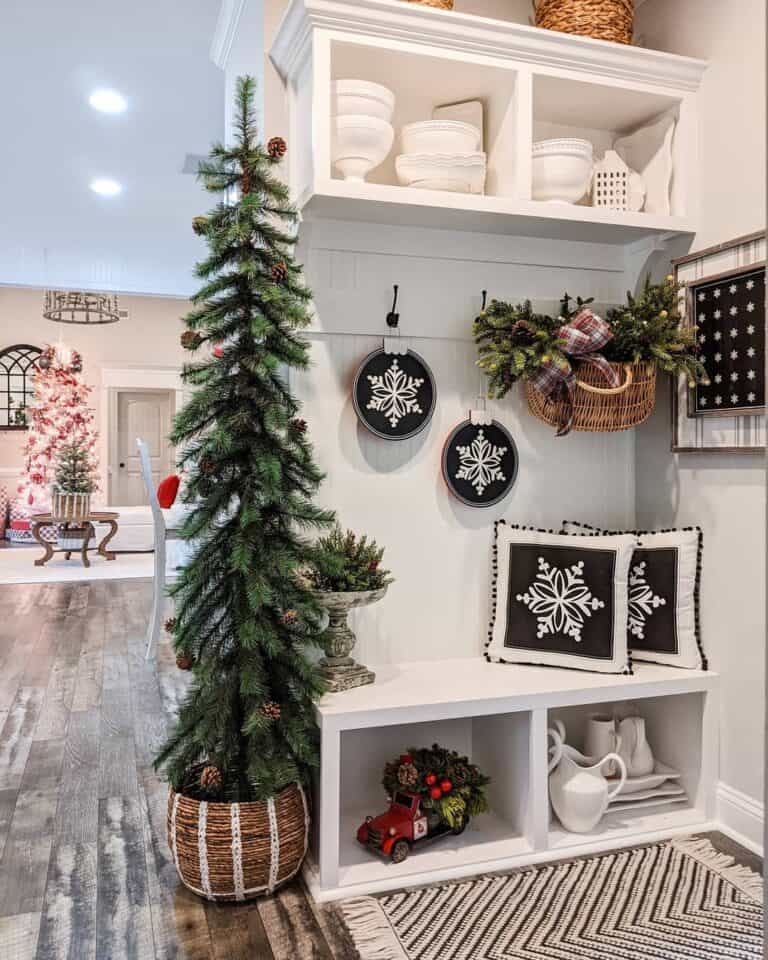 Cubby Bench Display in Festive Mudroom