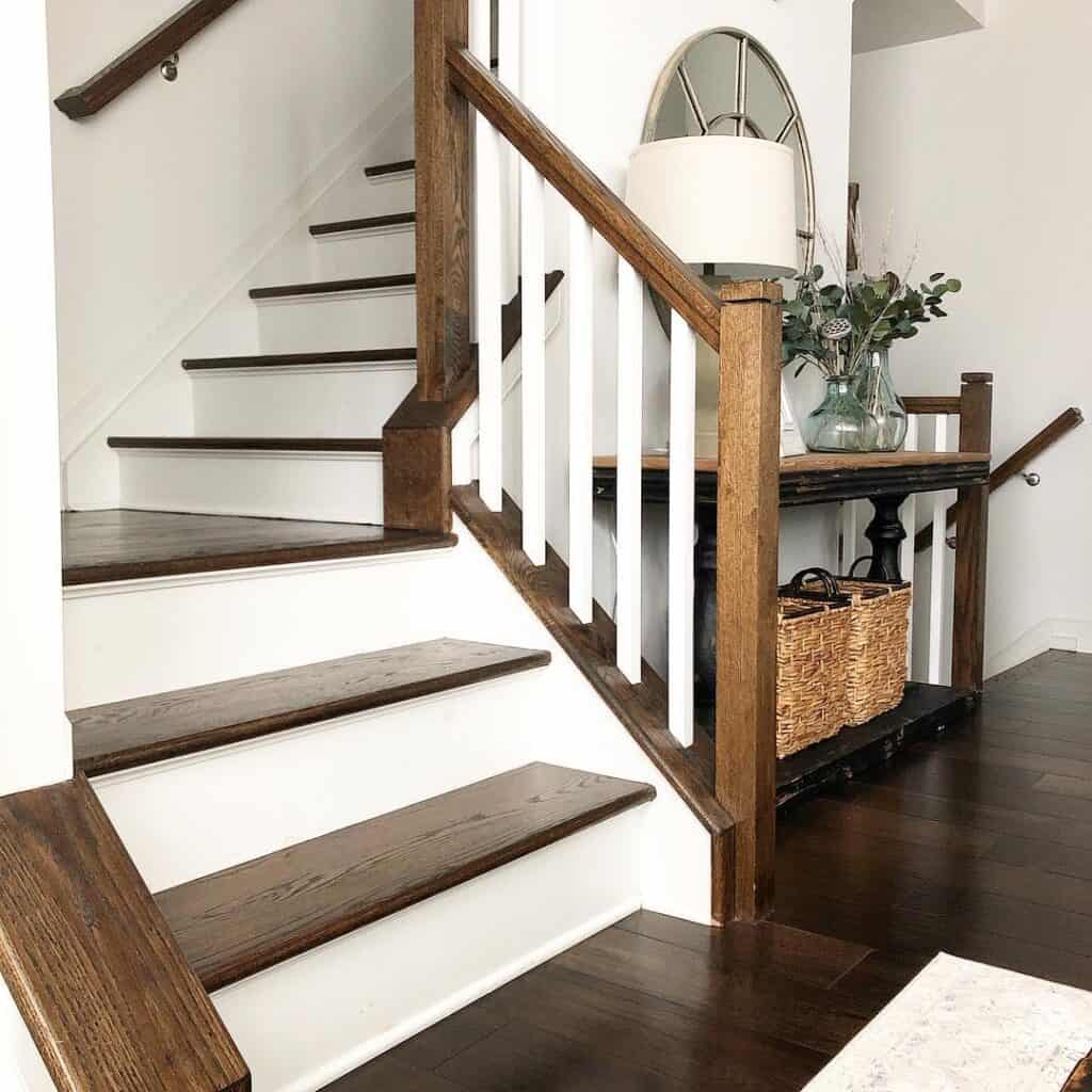 Dark Hardwood Staircase with White Risers