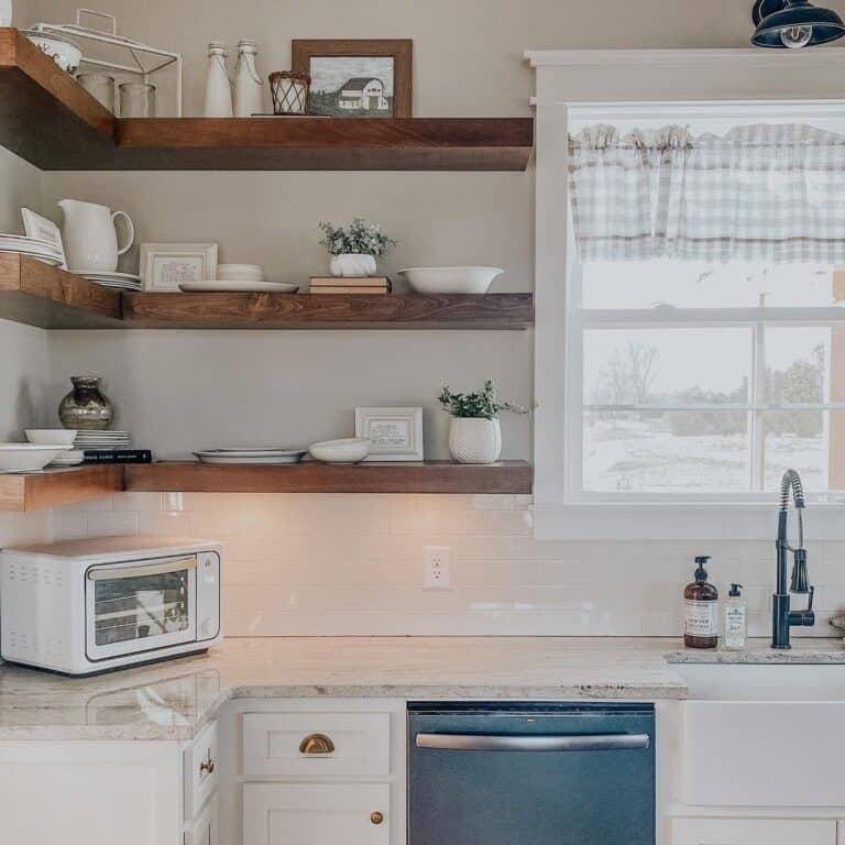 Dark Wood Corner Floating Shelves on Off-White Wall