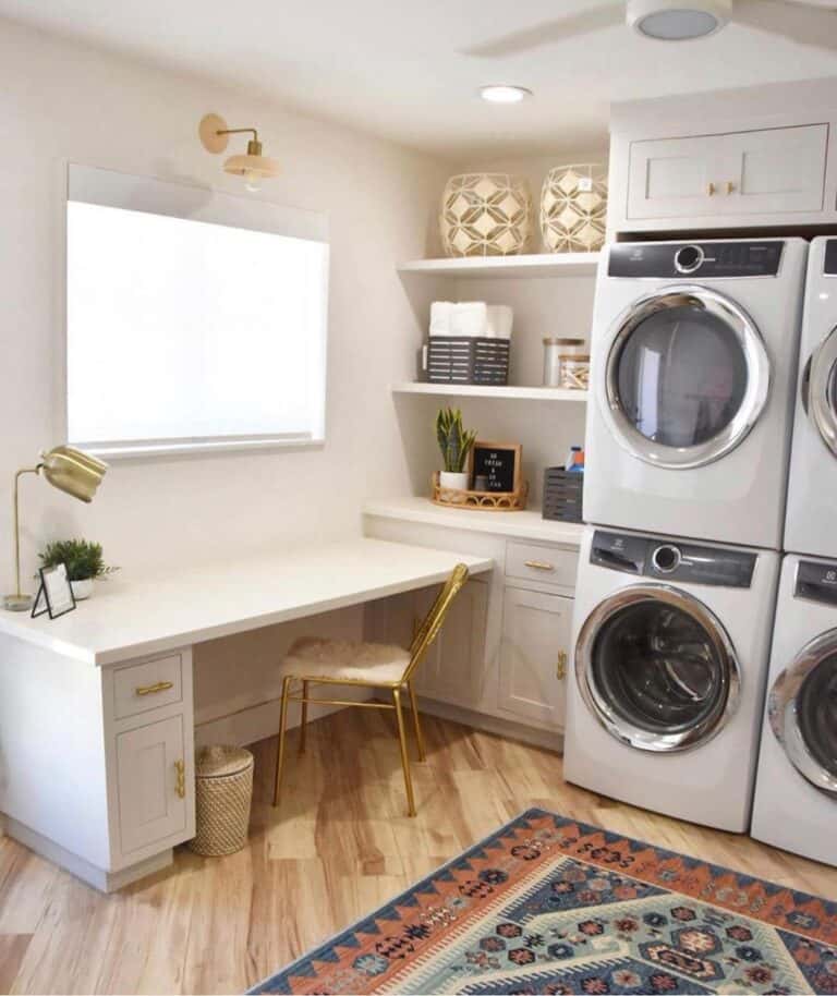 Double Laundry Machines Beside White Shelves