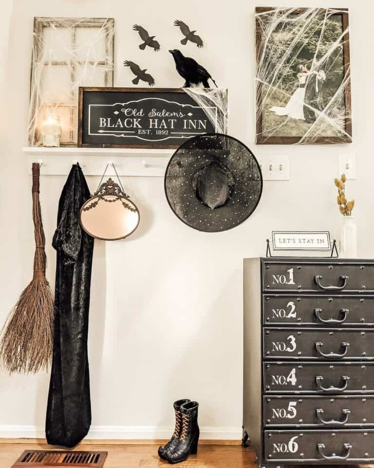 Entryway with Black Crows and a Witch as Halloween Decorations