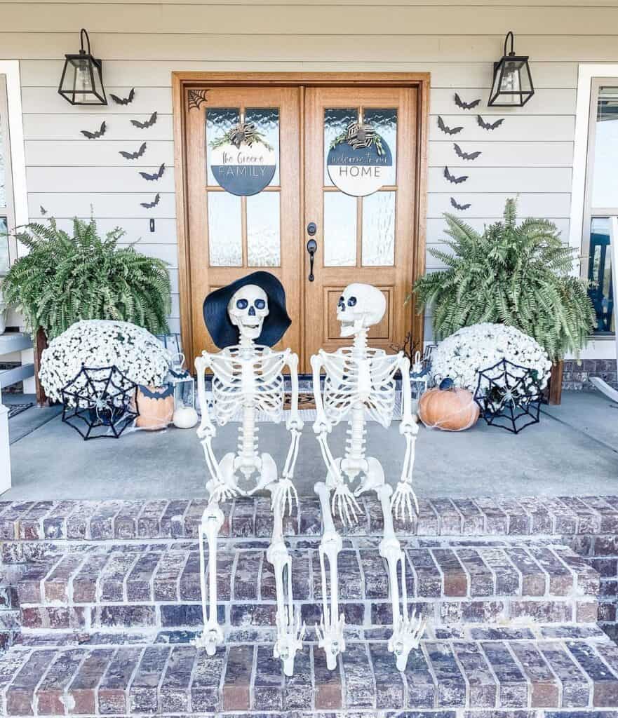 Fall Front Door Decorated with Skeletons