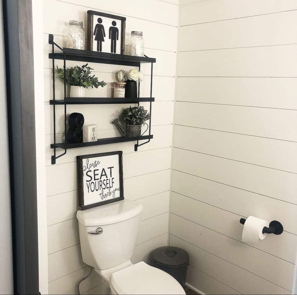 Farmhouse Bathroom with Black Over the Toilet Shelf