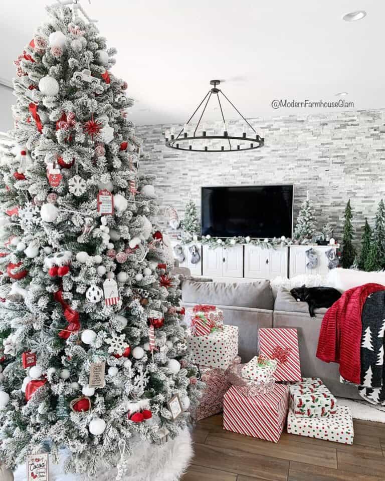 Farmhouse Chandelier in Flocked Tree Living Room