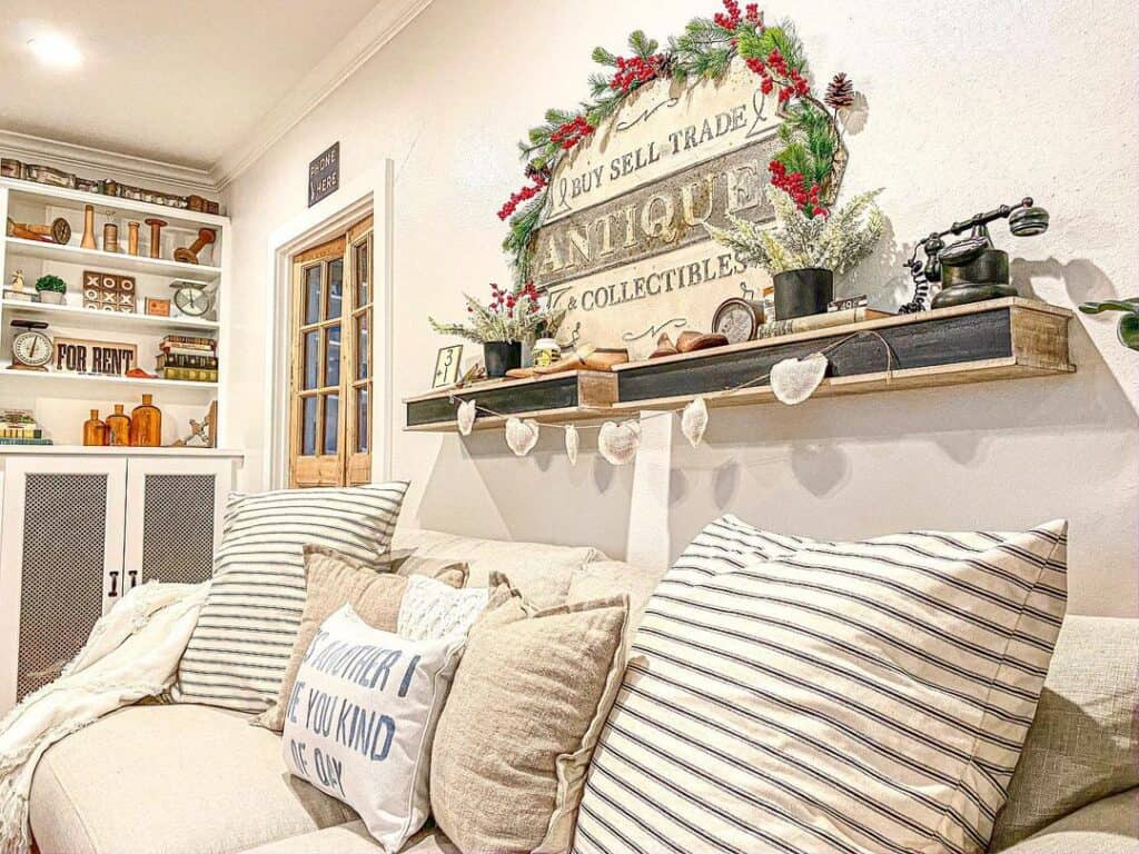 Farmhouse-Inspired Living Room with Beige Couch Throw Pillows