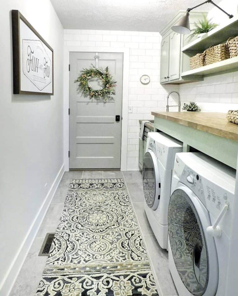 Farmhouse Laundry Room with White Tile Walls