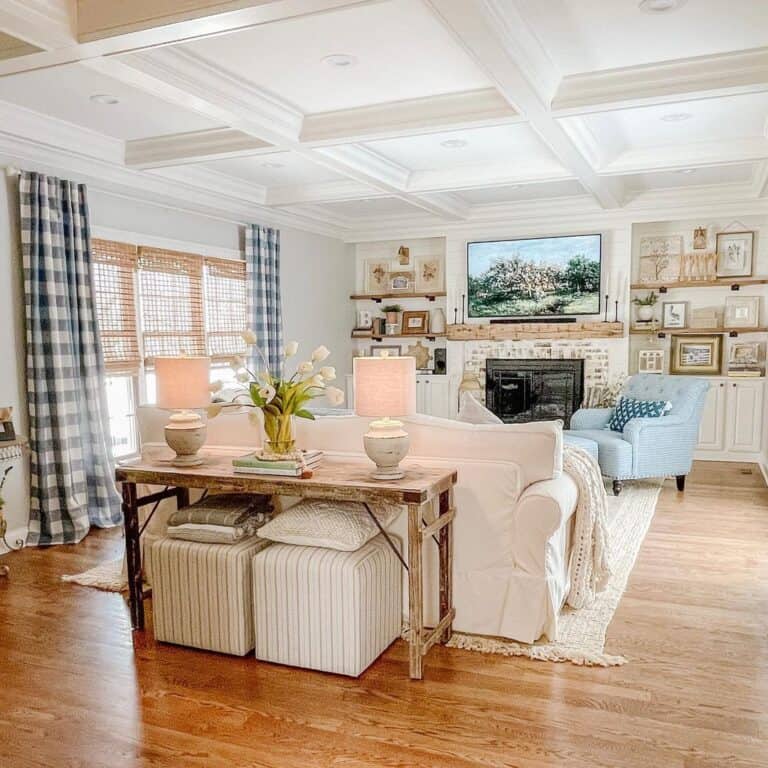 Farmhouse Living Room with Checkered Curtains