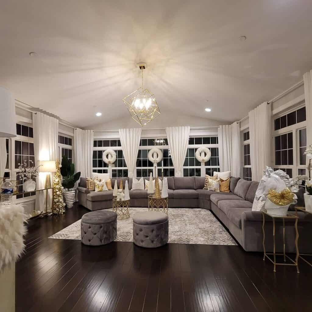 Farmhouse Living Room with White Curtains