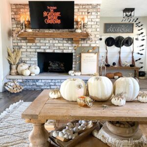 Farmhouse Living Room with White Halloween Pumpkin Decor