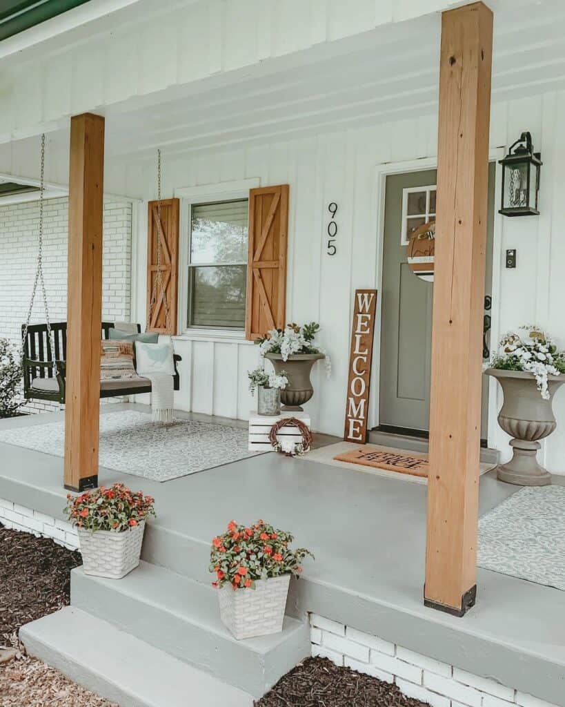 Farmhouse Porch Columns on Light Gray Porch