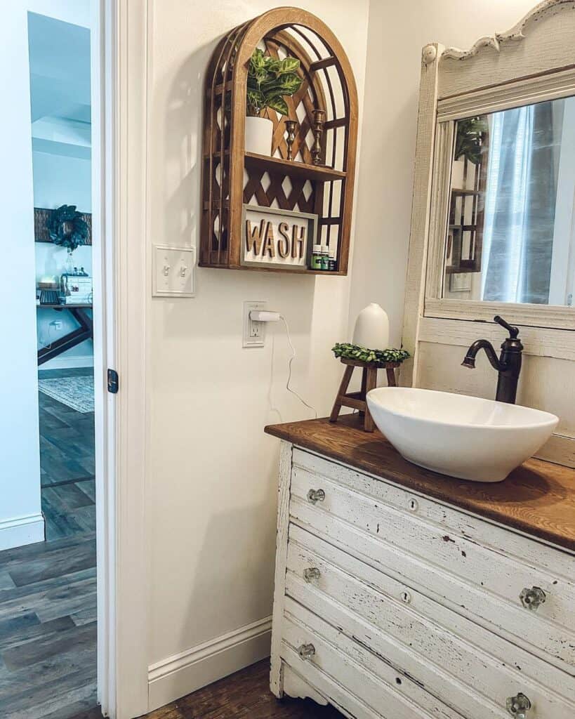 Farmhouse Stained Wood Countertops Bathroom