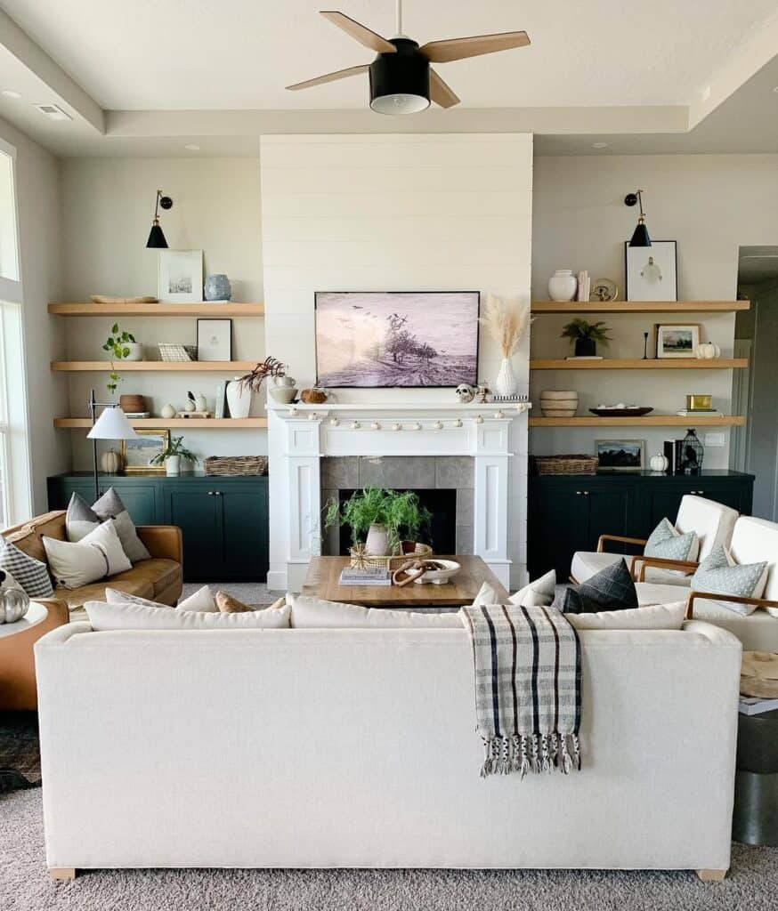 Fireplace Seating in Floating Shelves Living Room