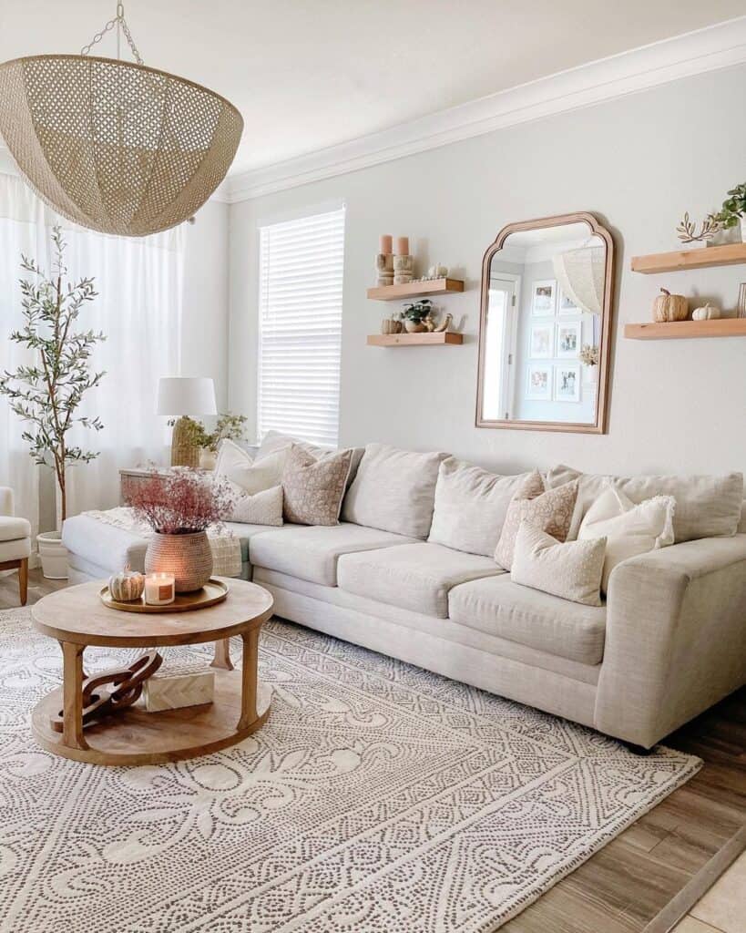 Floating Shelves Above Couch with Arched Mirror