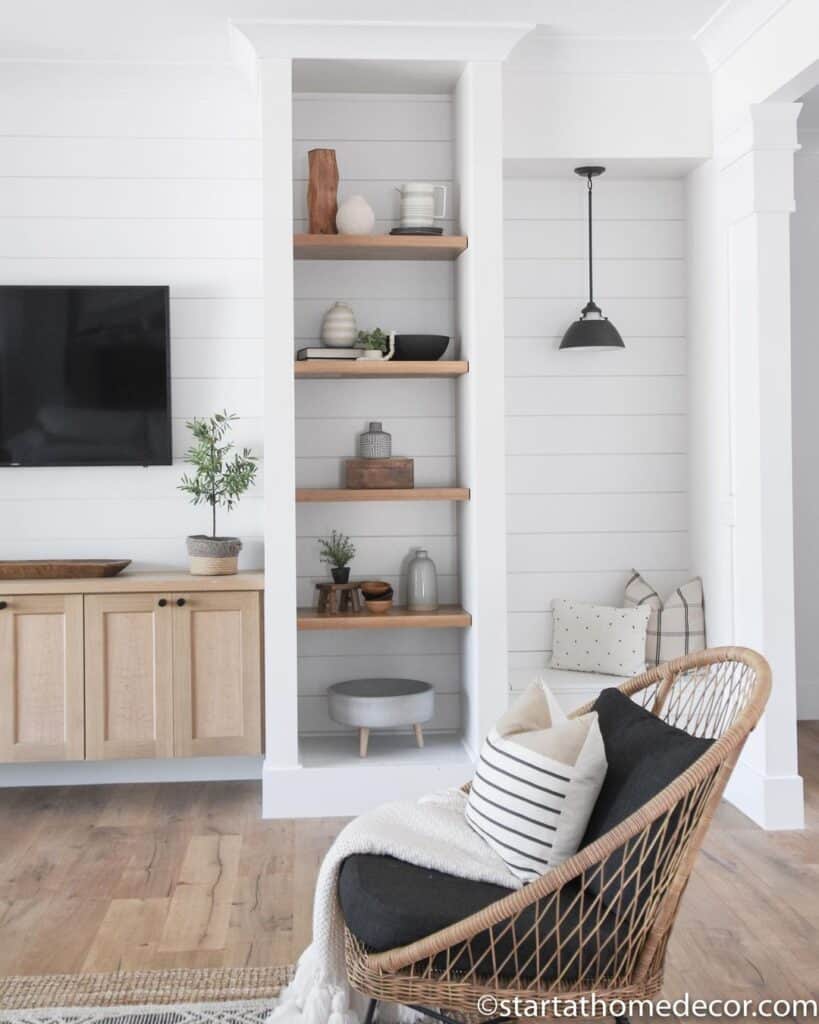 Floating Shelves and Wood Entertainment Center