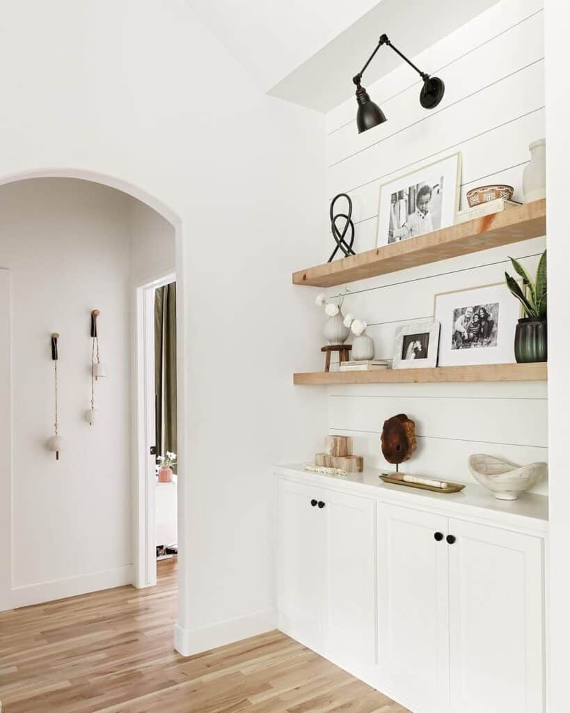 Floating Shelves on White Shiplap Walls