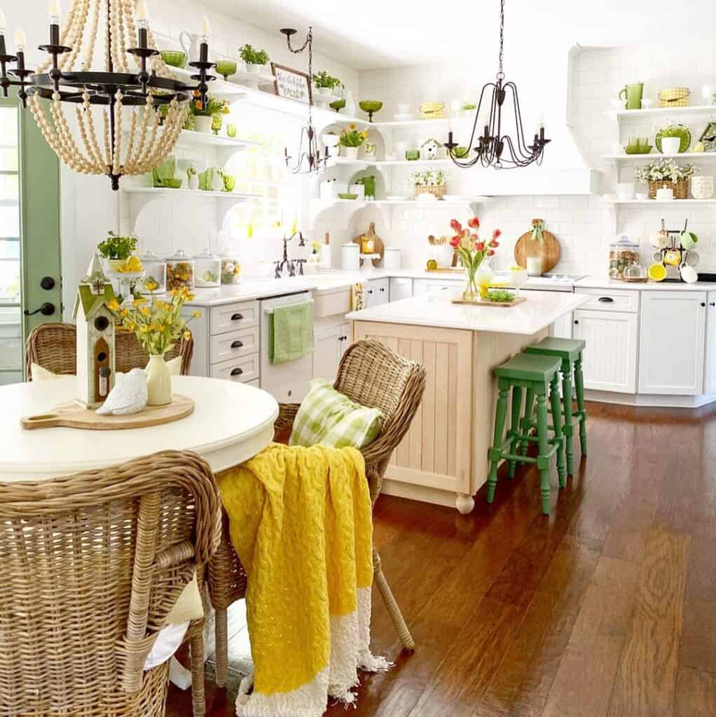Floating White Shelves and Green Stools