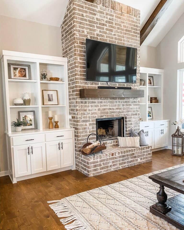 Floor to Ceiling Rustic Brick Fireplace