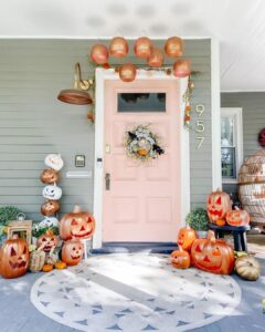 Front Door Decorated with Pink Halloween Decor