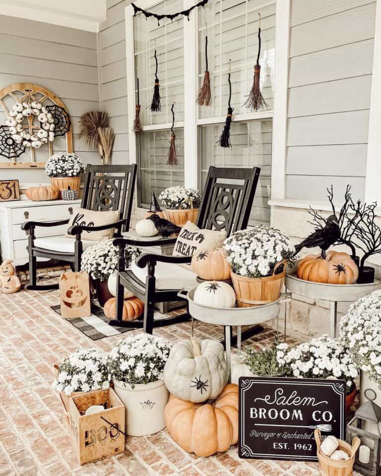 Front Porch with Witches' Brooms Halloween Window Decorations