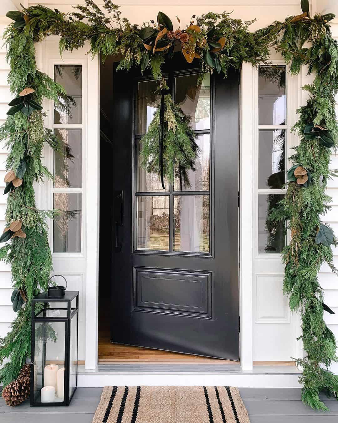 Garland Over Black Front Door With Side Lights - Soul & Lane