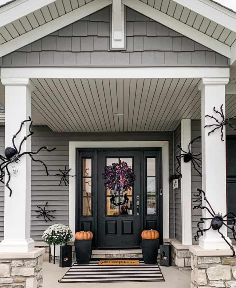 Giant Black Halloween Spiders as Entrance Decor