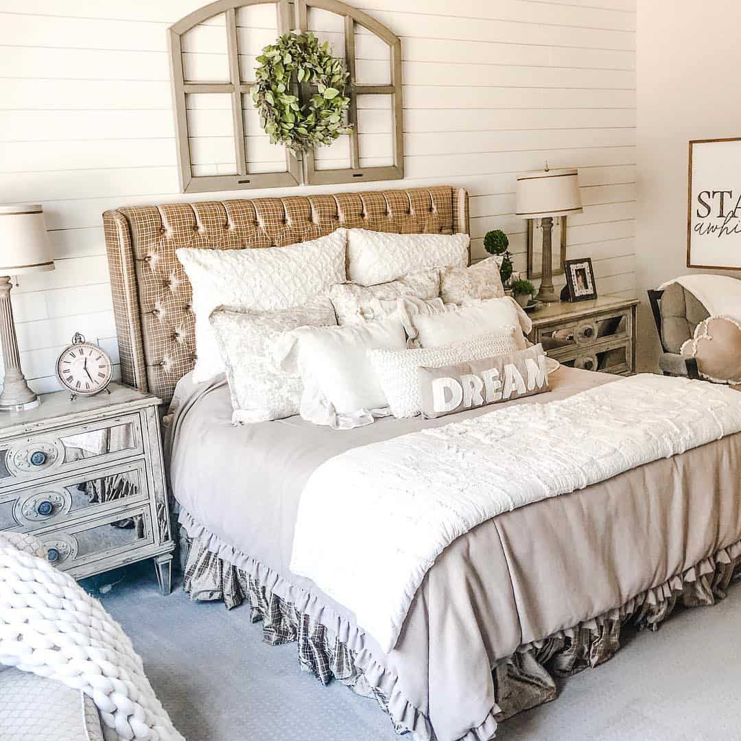 Gold Upholstered Headboard with Light Grey Bedspread Soul & Lane