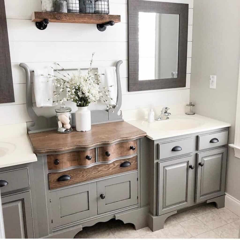 Gray Cabinets with White and Wood Countertops