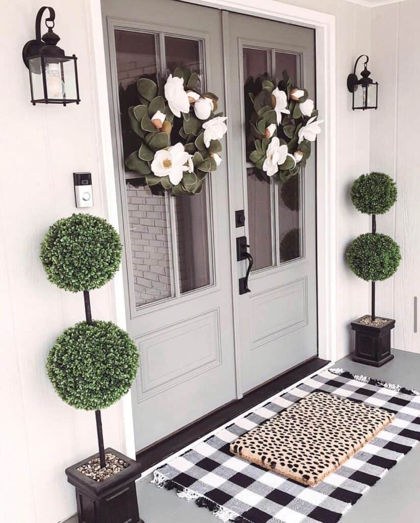 Gray Farmhouse Double Front Doors with Windows
