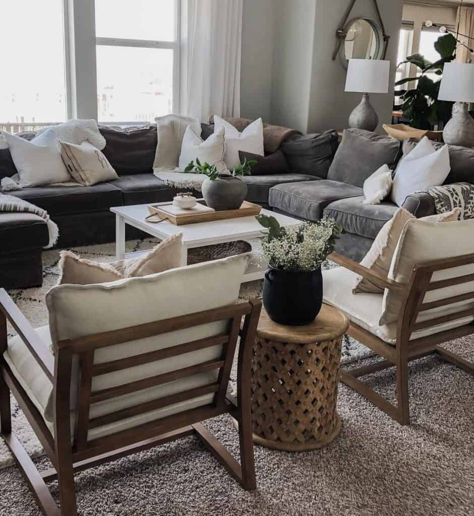 Gray Sectional with White Living Room Table